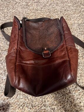 Brown Tooled Leather Backpack Crossbody